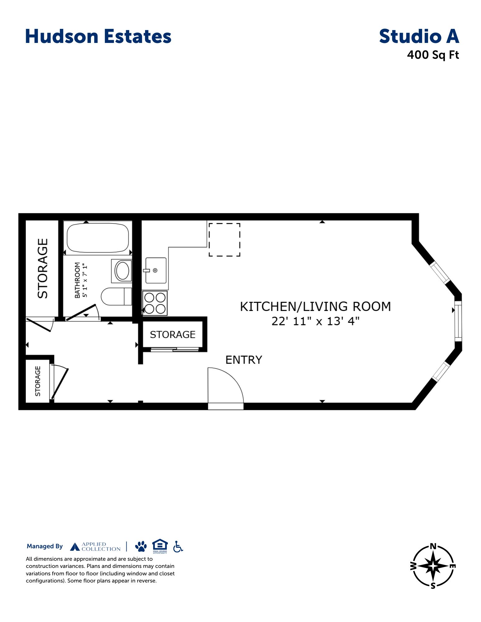 Floor plan for studio, 1 bath, 400 sqft